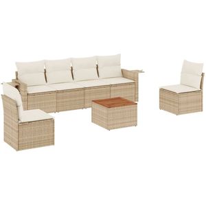 The Living Store 7-delige Loungeset met kussens poly rattan beige - Tuinlounge Set - Lounge Set - Buitendecoratie - Buitenkamer - Garden Furniture