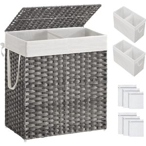 Wasmand 110 liter met Deksel en 2 Vakken – Handgeweven Synthetisch Rotan voor Slaapkamer en Badkamer