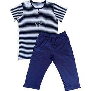 Dames Pyjama - Katoen - Zomer - 3/4 broek - Donkerblauw Gestreept - Maat XL
