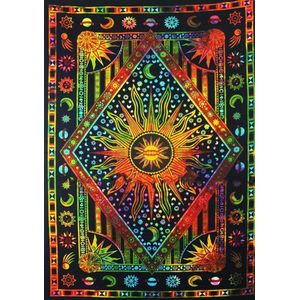 Tapijt muurhangende hippie brandende zon en maan meditatie Boheems psychedelisch ontwerp Indiase wandtapijten sprei 140x150cm veelkleurige tie-dye