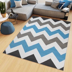 Tapiso Maya Vloerkleed Grijs Blauw Laagpolig Zigzag Tapijten Maat- 200x200