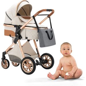 Luxe Kinderwagen 3 in 1 - Wandelwagen Baby - Kinderwagen Inclusief Autostoeltje - Buggy met Wieg - Wit met Goud