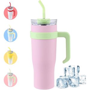 Thermobeker met rietje en handvat, 1180 ml, vacuüm geïsoleerde drinkbeker met deksel en rietje, koffiebeker voor thuis, reizen, bekerhouder in de auto, roze