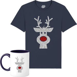 Rendier Buddy - Foute Kersttrui Kerstcadeau - Dames / Heren / Unisex Kleding - Grappige Kerst Outfit - Glitter Look - T-Shirt met mok - Unisex - Navy Blauw - Maat XL