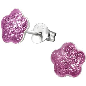 Joy|S - Zilveren bloem oorbellen - paars met glitter - 8 mm - oorknoppen