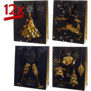 12x stevige zakken kerst + glitter verpakking geschenktasje christmas 4 ass. (24x20x8)cm