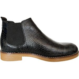Heren Laarzen- Chelsea boots- Heren schoenen- Exclusief Stoere Mannen laarzen- Enkellaarsje 503- Leather- Zwart met blauw- Maat 44
