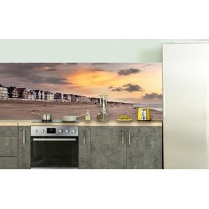 De Haan aan zee - Keuken - Fotobehang keuken - Keuken achterwand behang - Waterafstotend - zeedijk - strand - wolken - zonsondergang - 200x50 cm -Keuken wanddecoratie