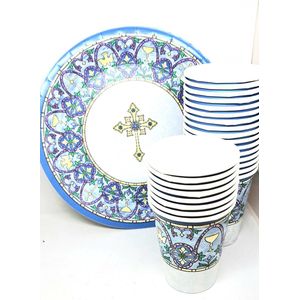 setje- blauwe - communie - bordjes - en - bekertjes - 32 - delig - disposeble