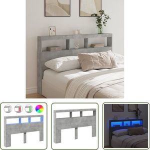 The Living Store Hoofdbordkast met LED-verlichting 160x17x102 cm betongrijs - Hoofdbordkast - Led Verlichting - Rgb Licht - Betongrijs - Houten Hoofdbord