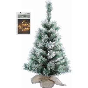 Mini kerstboom met sneeuw 35 cm in jute zak inclusief 20 warm witte lampjes - Mini kerstbomen met verlichting