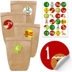 DIY adventskalender om te vullen - met 24 bruine papieren zakjes en 24 kleurrijke stickers - voor DIY en knutselen - Miniset nr. 1 - Kerstmis 2021 voor kinderen