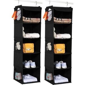 Hangrek, set van 2 hangende opbergers met 5 vakken, campingkastorganizer met metalen frame, organizer opbergsysteem voor kledingkasten, 30 x 30 x 108 cm, zwart