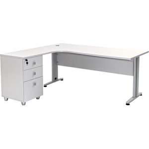 Furni24 Dona hoekbureau met rolblok, grijs decor, 180 cm x 120 cm x 74 cm, inclusief ladekast, hoek naar links