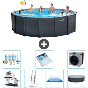 Intex Rond Graphite Gray Panel Zwembad - 478 x 124 cm - Inclusief Pomp - Ladder - Grondzeil - Afdekzeil Onderhoudspakket - Glasparels - Warmtepomp