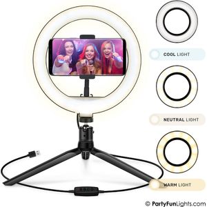 PartyFunLights - Selfie Ringlamp met statief - LED - met telefoonhouder - USB - diameter 20 cm