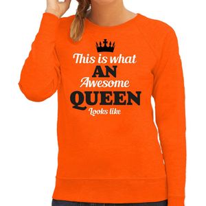 Bellatio Decorations Koningsdag sweater voor dames - awesome Queen - oranje - feestkleding S