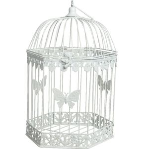 Decoris Decoratie vogelkooi met vlinders - metaal - wit - H48 cm