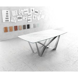 Eettafel Edge bootsvorm 200x100cm Laminam® keramiek wit middenvoet vlak staal zilver