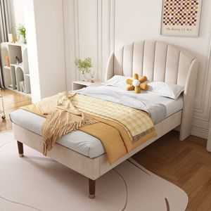 Gestoffeerd bed 90 x 200 cm mit Lattenrost und Kopfteil - Jugendbed - Eenpersoonsbed - Beige