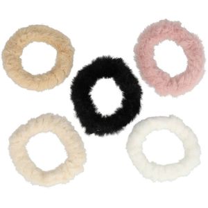 Haarelastieken Furry 6cm Color Zwart Roze Creme Beige Wit Haar Elastieken Fluffy Pluizig 5 Stuks Dunne Scrunchie