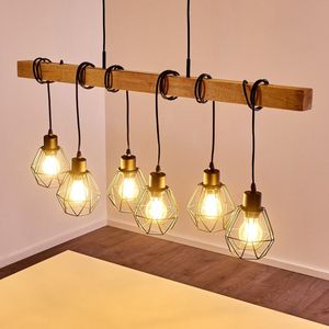 Vintage Bruine Houten Verstelbare Hanglamp - Loft Houten met Metalen Bolle Plafondlamp - Moderne Eetkamer Bruine, Zwart E27 Lichtbron Hanglamp