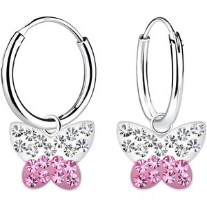 Joy|S - Zilveren vlinder bedel oorbellen - oorringen - roze en wit kristal - kinderoorbellen