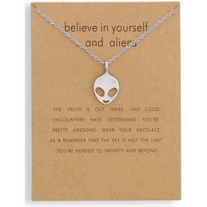 Bixorp Luck Zilveren Dames Ketting met Alien - ""Believe in Yourself and Aliens"" - 45/50cm - Cadeau voor Vrouw - Zilverkleurig