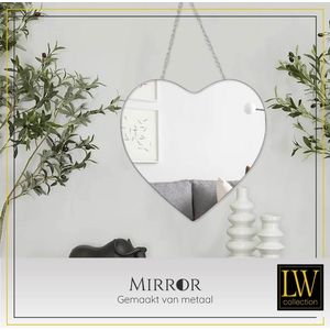 LW Collection wandspiegel hartje zilver met touw 40x61 cm metaal- hart spiegel muur - industrieel - woonkamer gang - badkamerspiegel - muurspiegel slaapkamer zilveren rand - hangspiegel met luxe design