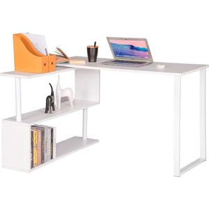 BukkitBow - Hoekbureau - Houten Bureau met Dubbele Planken voor Opbergruimte - Opbergruimte 180 Graden Draaibaar - Perfect voor Thuistudie - Wit Blad