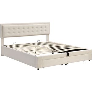 Merax Kingsize Tweepersoonsbed 180x200 cm – Fluweel Gestoffeerd Bed met Hydraulische Opbergruimte - Schuiflade en Verstelbaar Hoofdbord - Beige