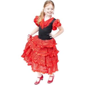 Spaanse flamenco jurk rood zwart maat 12 (maat 140-146) verkleedkleding verkleedkleren meisje