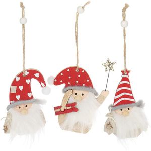 3x hangende decoratie dwerg met witte baard en rode kerstmuts - kleine houten elfjes om op te hangen - 10 cm [selectie varieert]
