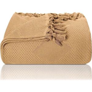 Premium Sprei met Handgeknoopte Franjes - 100% Katoen - 200 x 220 cm XXL - Wafelpiqué Zomerdeken - Beige