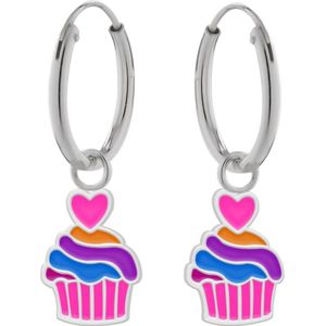 Oorbellen meisje | Zilveren kinderoorbellen | Zilveren oorringen met hanger, kleurige cupcake met hartje