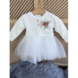 luxe feestjurk-bruidsjurk-doopjurk-doopkleding-bruidsmeisjes-doopsel-bruiloft-verjaardag-fotoshoot-tule jurk met jasje-baby jurk-tweedelige set-effen katoenen jurk met steentjes- wit ivoor kleur - maat 80 - 12 maanden