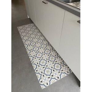 JYG Vloerkleed Ename - Keukenloper - Keukenmat - Vinyl - Vintage - 60x500cm - Grijs - Blauw