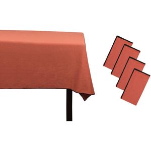 OZAIA Set van tafellaken + 4 servetten van linnen en katoen - Zwarte rand - Terracotta - 170 x 300 cm - BORINA L 300 cm x H 1 cm x D 170 cm