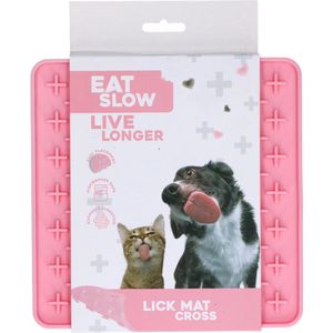 Eat Slow Live Longer Likmat Kruisjes - 19 x 19 cm - Vierkant – Snuffelmat – Anti-schrok Mat – Slowfeeder – Afleiding – Honden en Katten - 100% Siliconen – Vaatwasserbestendig – Roze