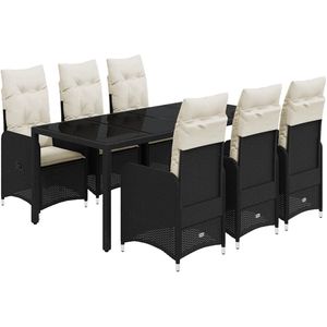 The Living Store 7-delige Bistroset met kussens poly rattan zwart - Tuinstoelen - Bistroset - Buitendecoratie - Lounge Set - Eetkamerset
