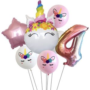 Unicorn Ballonnen Set - 4 Jaar - 7 Stuks - Kinder Verjaardag - Thema Feest Unicorn - Eenhorn Kinderfeestje - Feestversiering / Verjaardag Ballonnen - Eenhoorn / Paarden - Meisjes Versiering - Roze Ballonnen Verjaardag - Witte ballonnen - Helium