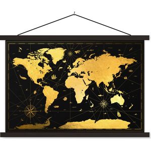 Wanddecoratie - Wereldkaart - Goud - Zwart - Luxe - Schoolplaat - 60x40 cm - Textielposter - Textiel poster