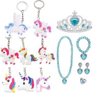 Uitdeelzakjes - Traktatie Uitdeelcadeautjes Kinderen-8 x Unicorn Sleutelhanger + Kroon + Juwelen - Cadeautjes - Klein Speelgoed - Blauw