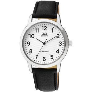 Q&Q Q946J304Y - Horloge - Analoog - Heren - Mannen - Leren band - Rond - Metaal - Cijfers - Zwart - Zilverkleurig - Wit