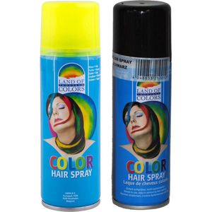 Set van 2x kleuren haarverf/haarspray van 111 ml - Zwart en Fluor Geel - Carnaval verkleed spullen