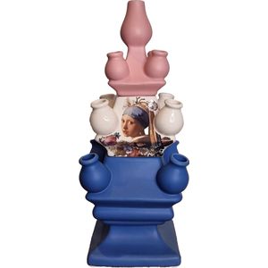 Heinen Delfts Blauw Tulpenvaas - Stapelgekte - 3-laags - Keramiek - blauw wit roze - Meisje met de Parel - 40cm