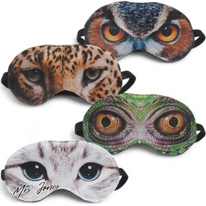 Mrs. Jones Set van 4 satijnen en pluche dierenoog-design slaapmaskers - katten luipaard uil kameleon - comfortabele elastische band - perfect voor reizen en thuis .