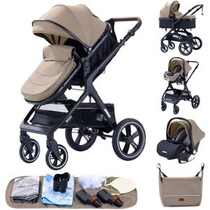Rustive Luxe Kinderwagen 3 in 1 - Kwalitatieve Buggy - Maxi Cosi - Multifunctioneel - Inklapbaar - Incl. Autostoel - Khaki