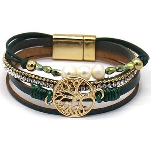 Armband Dames - Levensboom - 4 Stroken Leer - Kralen - 19 cm - Groen