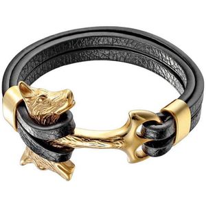 Leren armband Mannen Mendes Anker Wolf Edelstaal Goudkleurig Zwart